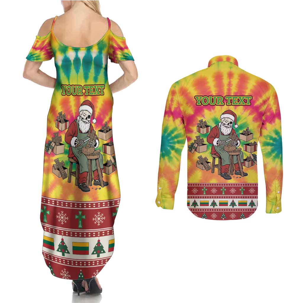 Personalized Lithuania Christmas Couples Matching Summer Maxi Dress and Long Sleeve Button Shirt Skeleton Cross Tie-Dye Vintage - Wonder Print Shop