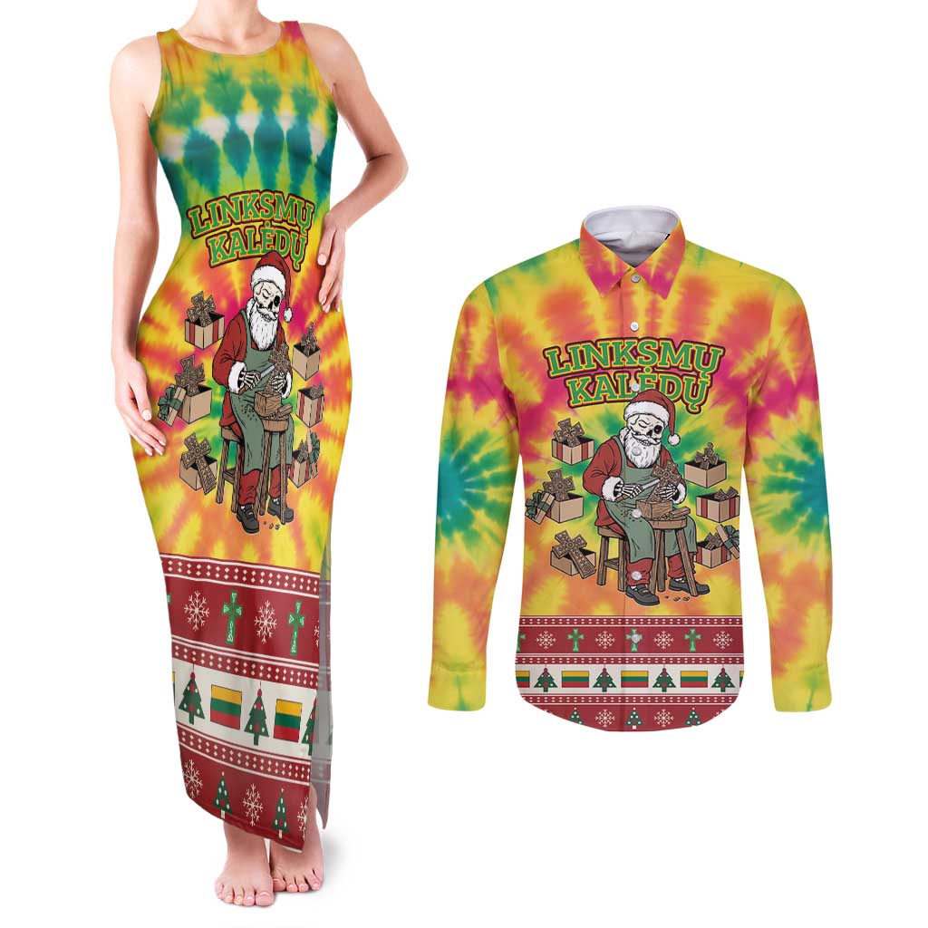 Personalized Lithuania Christmas Couples Matching Tank Maxi Dress and Long Sleeve Button Shirt Skeleton Cross Tie-Dye Vintage - Wonder Print Shop