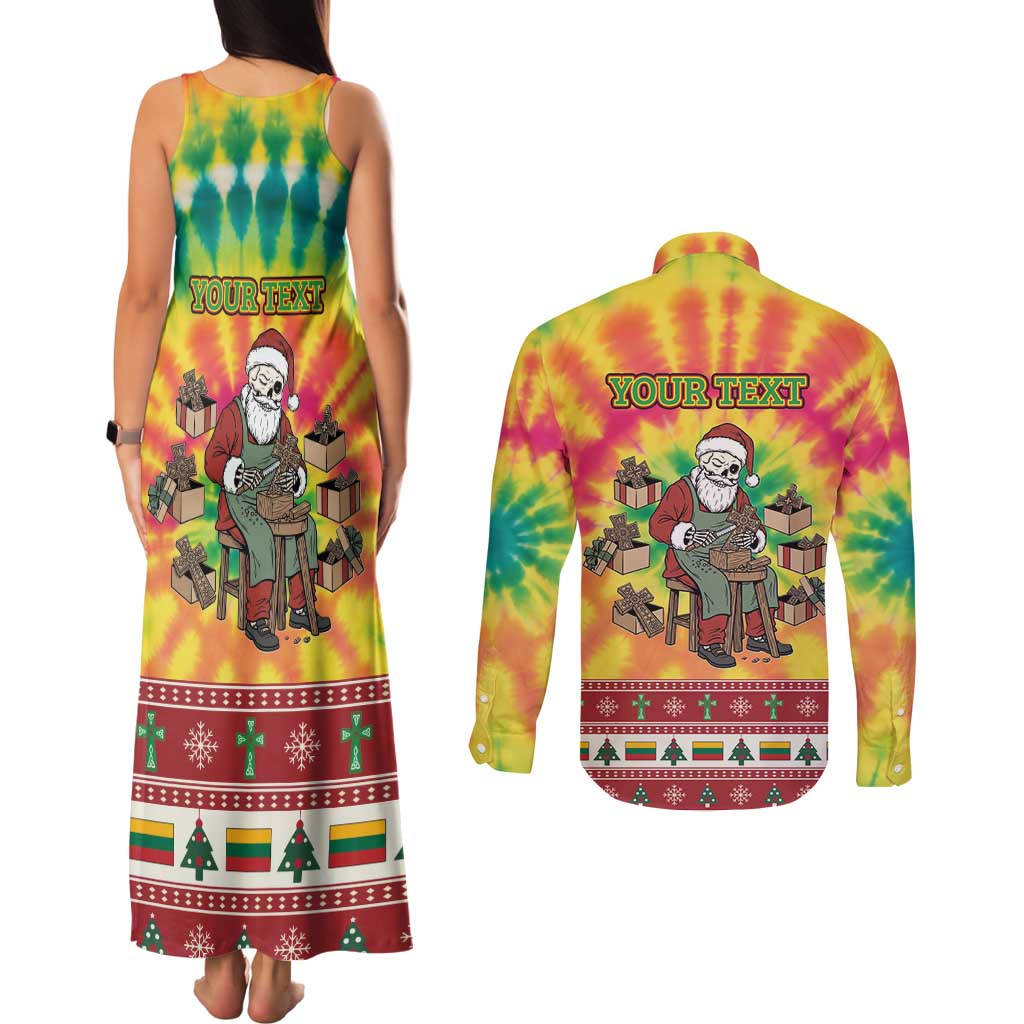 Personalized Lithuania Christmas Couples Matching Tank Maxi Dress and Long Sleeve Button Shirt Skeleton Cross Tie-Dye Vintage - Wonder Print Shop