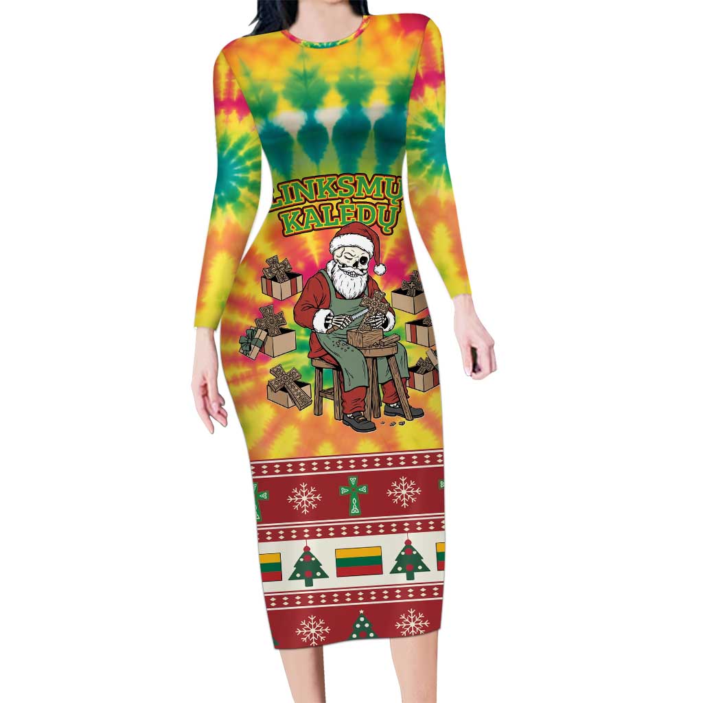 Personalized Lithuania Christmas Family Matching Long Sleeve Bodycon Dress and Hawaiian Shirt Skeleton Cross Tie-Dye Vintage - Wonder Print Shop