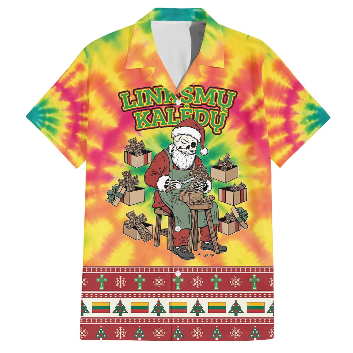Personalized Lithuania Christmas Family Matching Off The Shoulder Long Sleeve Dress and Hawaiian Shirt Skeleton Cross Tie-Dye Vintage - Wonder Print Shop