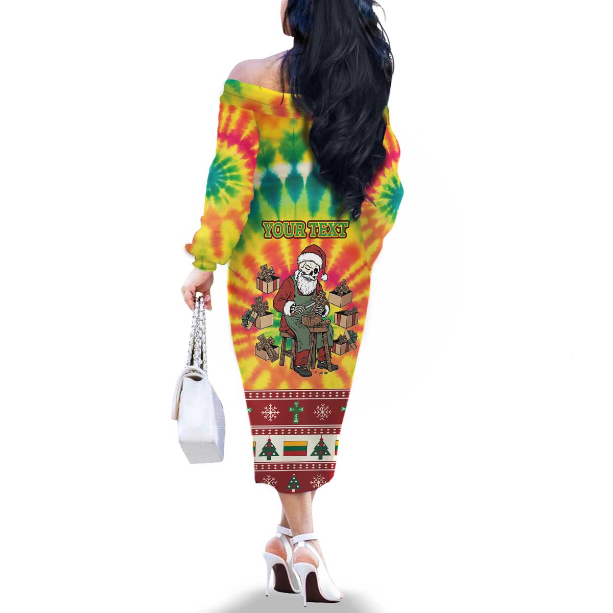 Personalized Lithuania Christmas Family Matching Off The Shoulder Long Sleeve Dress and Hawaiian Shirt Skeleton Cross Tie-Dye Vintage - Wonder Print Shop