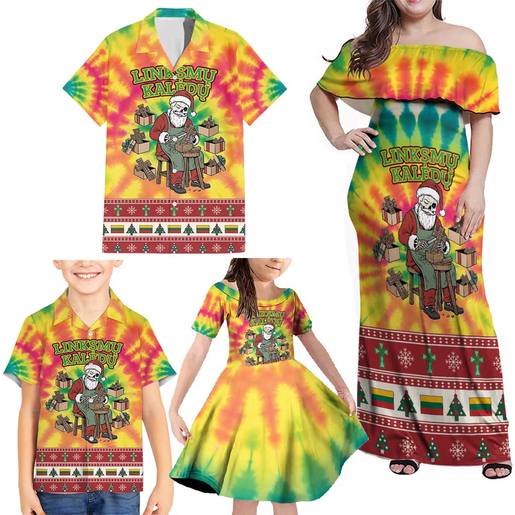 Personalized Lithuania Christmas Family Matching Off Shoulder Maxi Dress and Hawaiian Shirt Skeleton Cross Tie-Dye Vintage - Wonder Print Shop