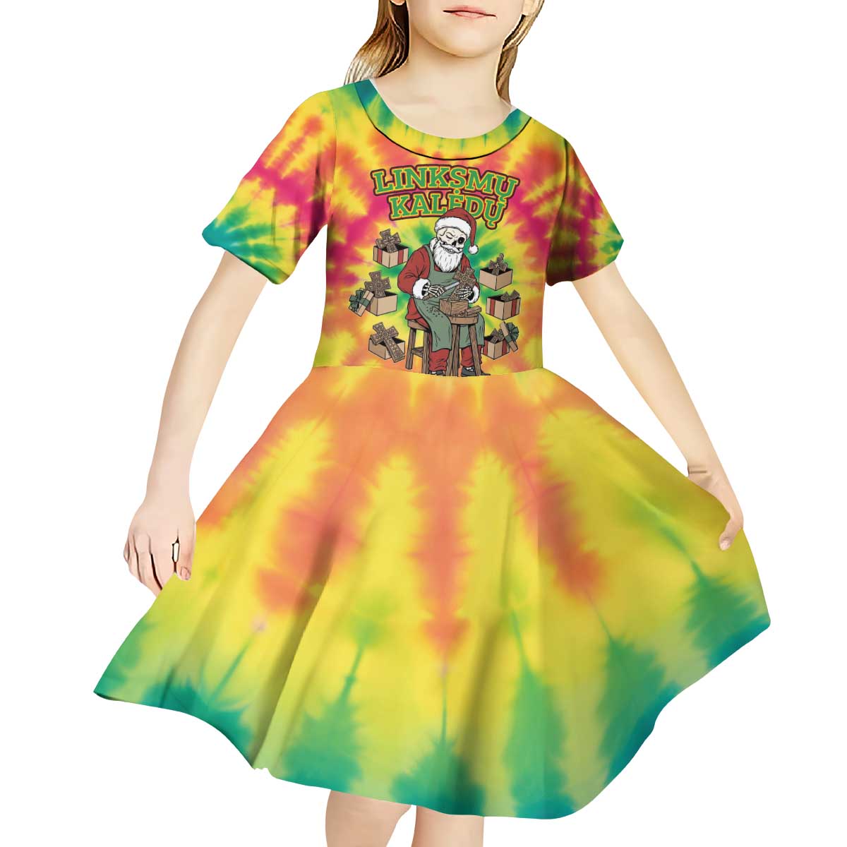 Personalized Lithuania Christmas Kid Short Sleeve Dress Skeleton Cross Tie-Dye Vintage - Wonder Print Shop