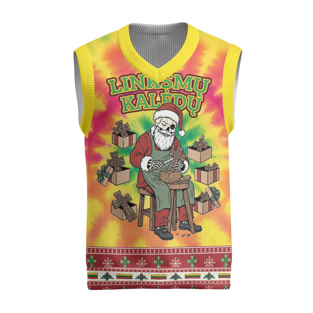 Personalized Lithuania Christmas Knitted V-Neck Vest Skeleton Cross Tie-Dye Vintage - Wonder Print Shop