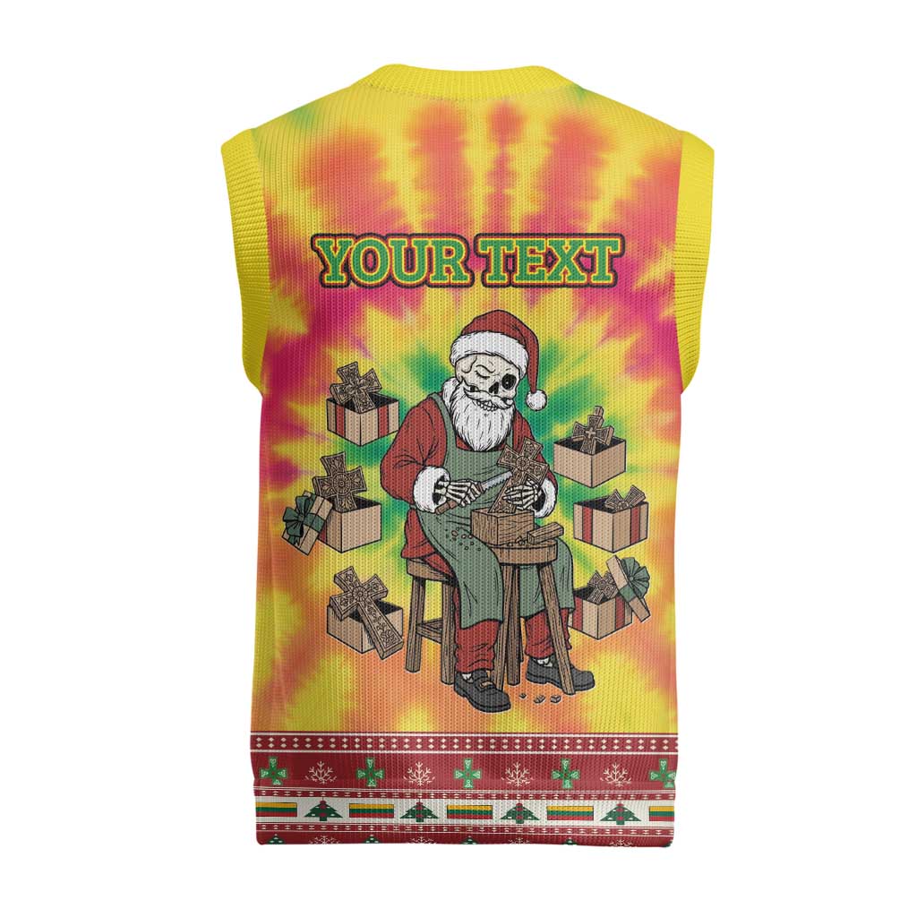 Personalized Lithuania Christmas Knitted V-Neck Vest Skeleton Cross Tie-Dye Vintage - Wonder Print Shop