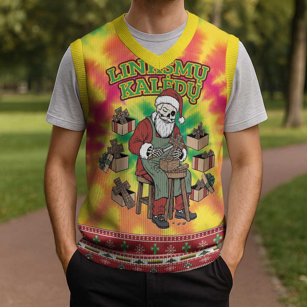 Personalized Lithuania Christmas Knitted V-Neck Vest Skeleton Cross Tie-Dye Vintage - Wonder Print Shop