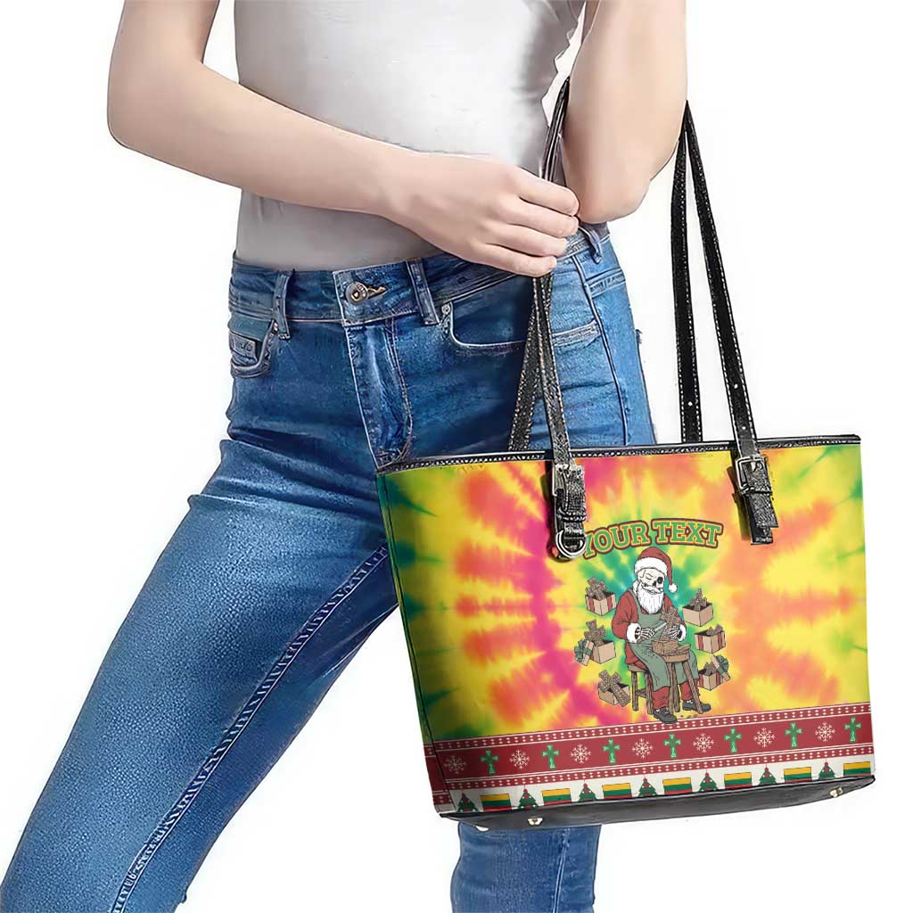 Personalized Lithuania Christmas Leather Tote Bag Skeleton Cross Tie-Dye Vintage - Wonder Print Shop