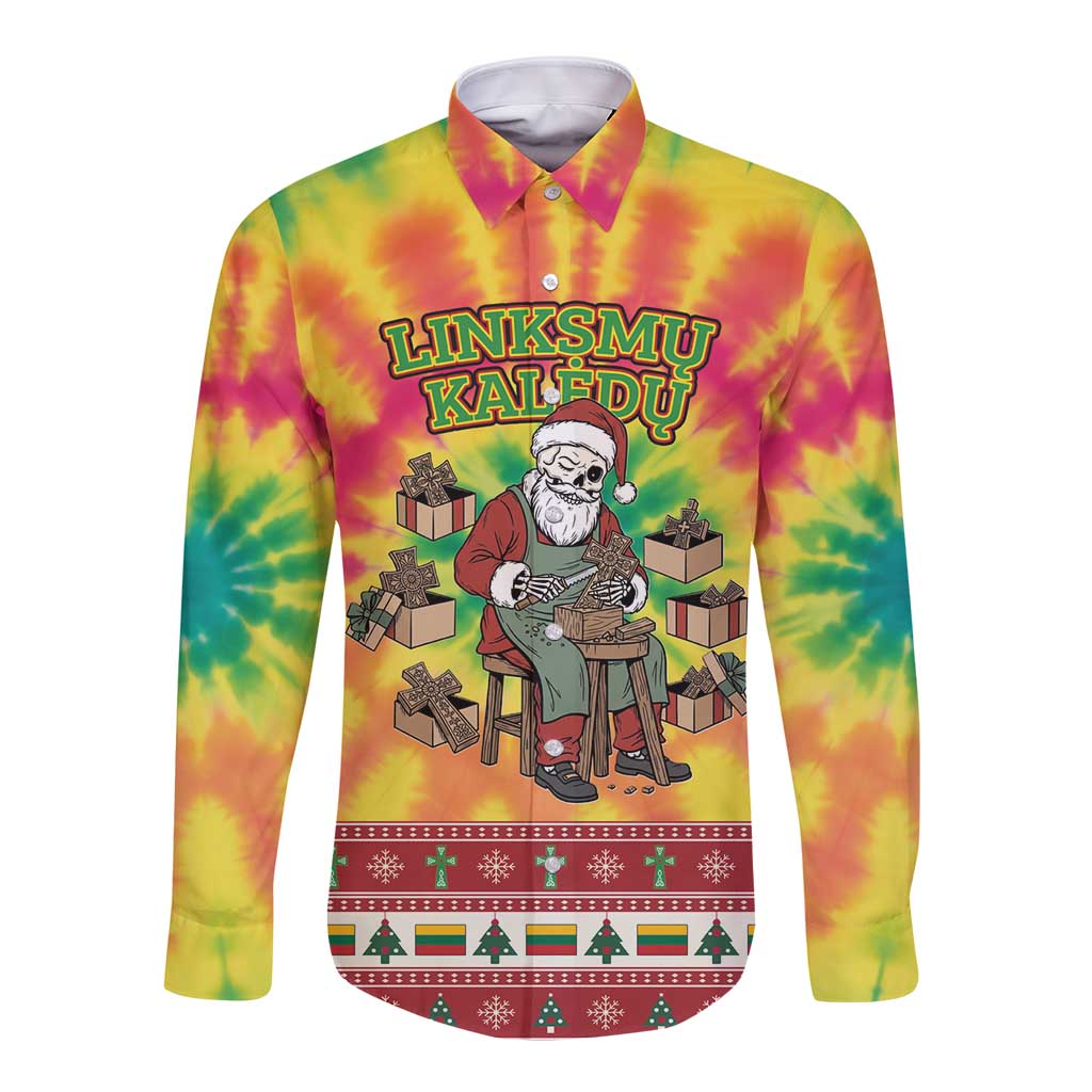 Personalized Lithuania Christmas Long Sleeve Button Shirt Skeleton Cross Tie-Dye Vintage - Wonder Print Shop