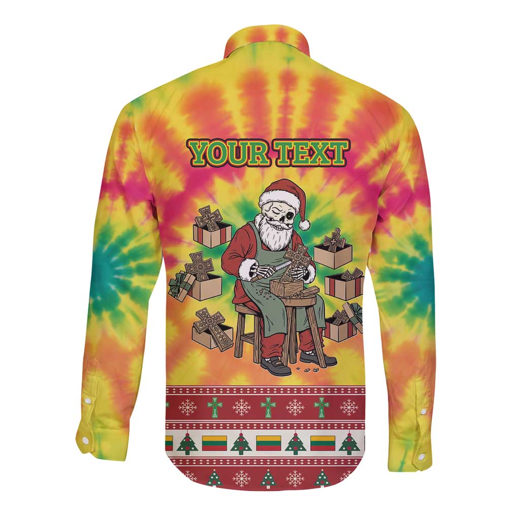 Personalized Lithuania Christmas Long Sleeve Button Shirt Skeleton Cross Tie-Dye Vintage - Wonder Print Shop