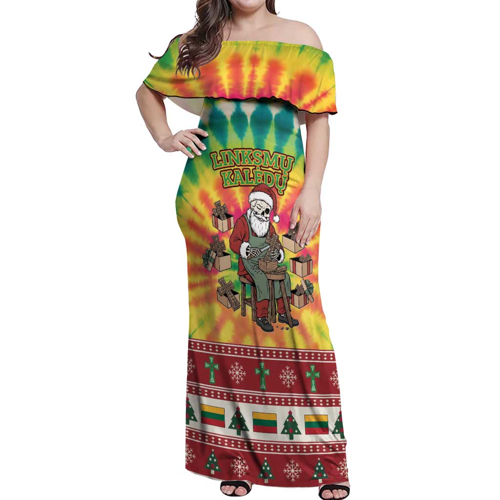 Personalized Lithuania Christmas Off Shoulder Maxi Dress Skeleton Cross Tie-Dye Vintage - Wonder Print Shop