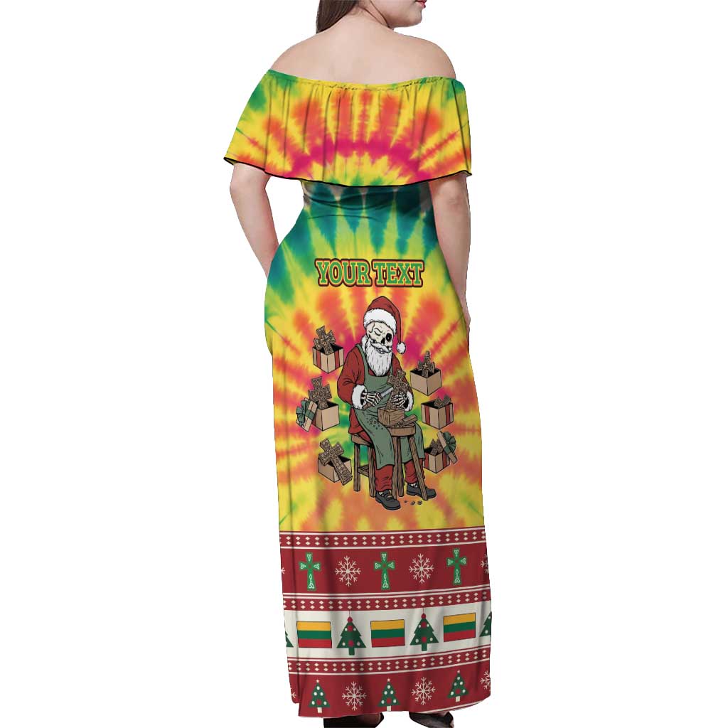 Personalized Lithuania Christmas Off Shoulder Maxi Dress Skeleton Cross Tie-Dye Vintage - Wonder Print Shop