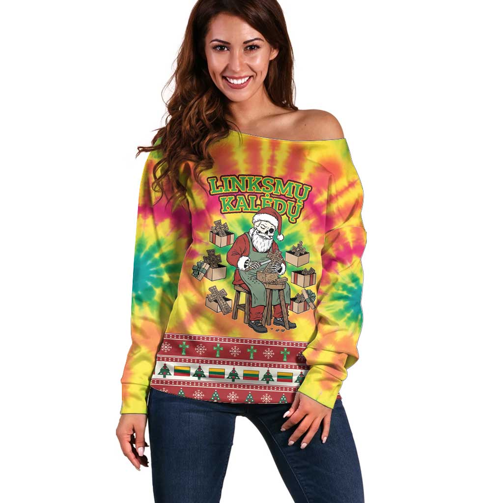 Personalized Lithuania Christmas Off Shoulder Sweater Skeleton Cross Tie-Dye Vintage - Wonder Print Shop