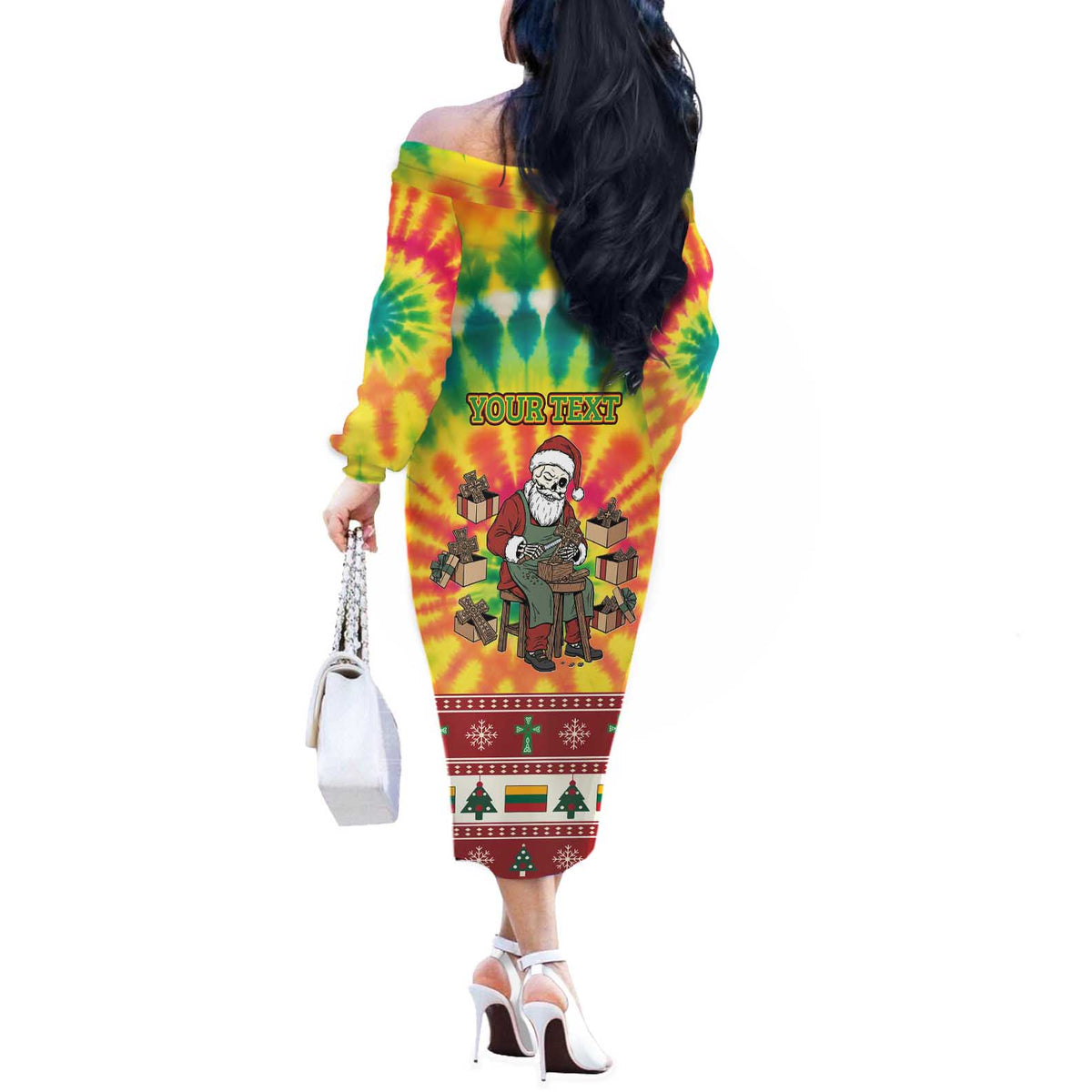 Personalized Lithuania Christmas Off The Shoulder Long Sleeve Dress Skeleton Cross Tie-Dye Vintage - Wonder Print Shop