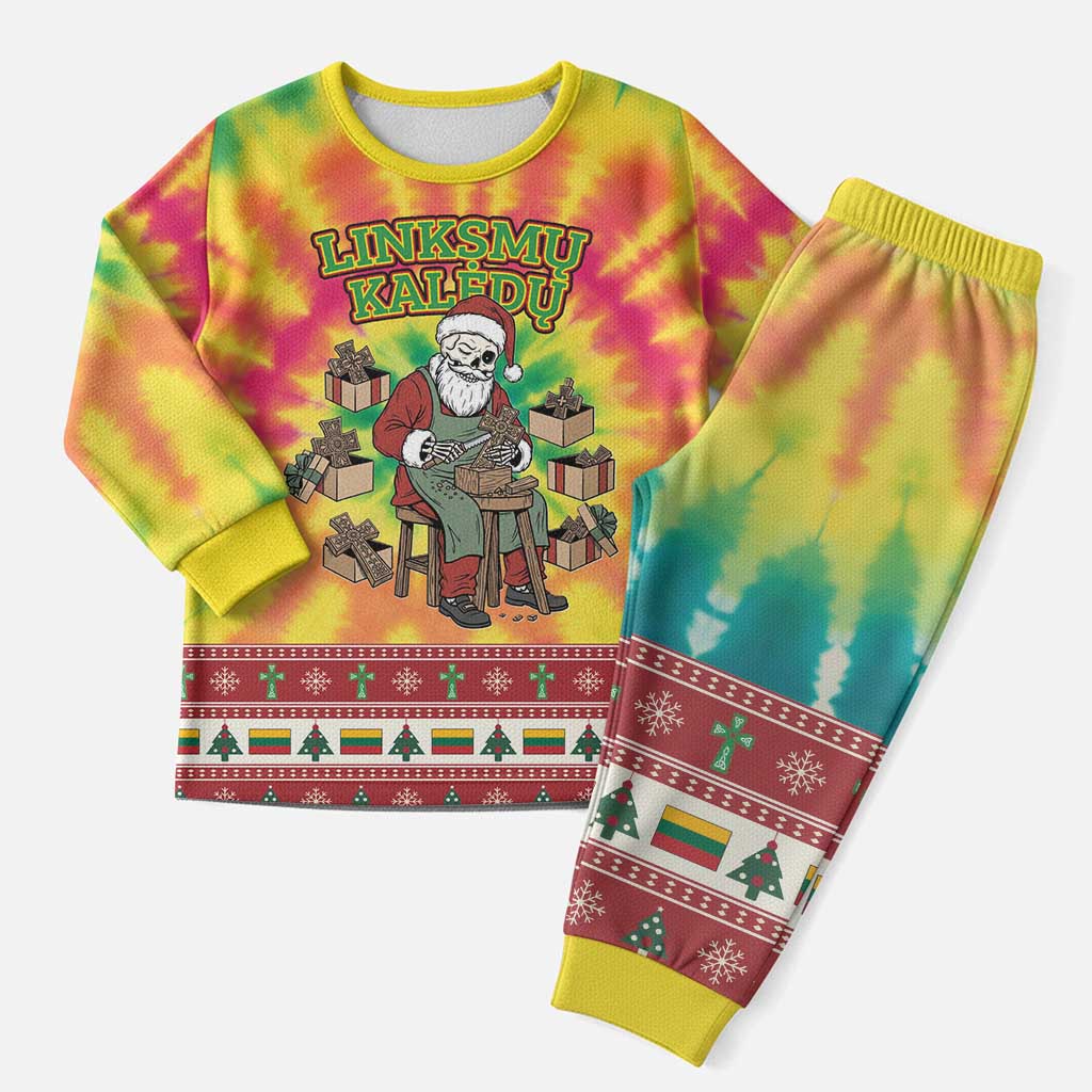 Personalized Lithuania Christmas Pajama Set Skeleton Cross Tie-Dye Vintage - Wonder Print Shop