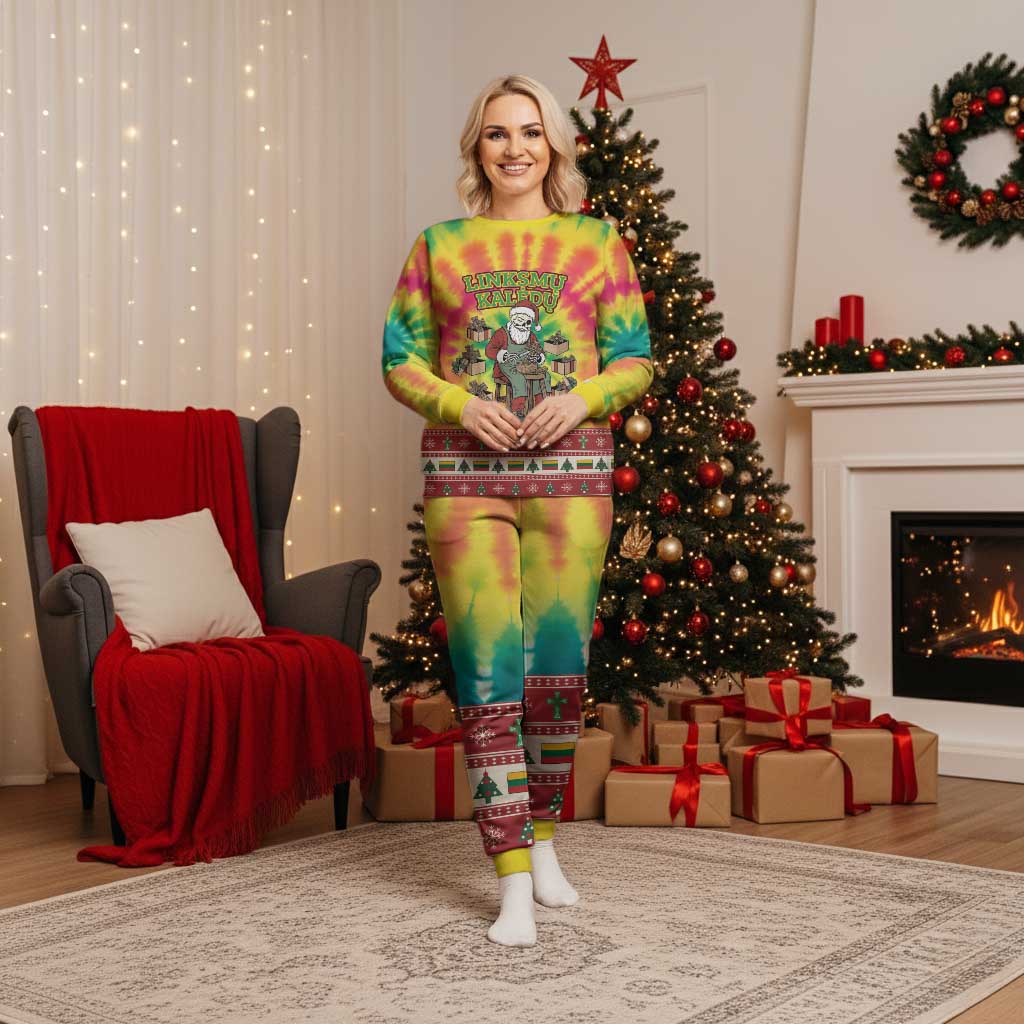 Personalized Lithuania Christmas Pajama Set Skeleton Cross Tie-Dye Vintage - Wonder Print Shop
