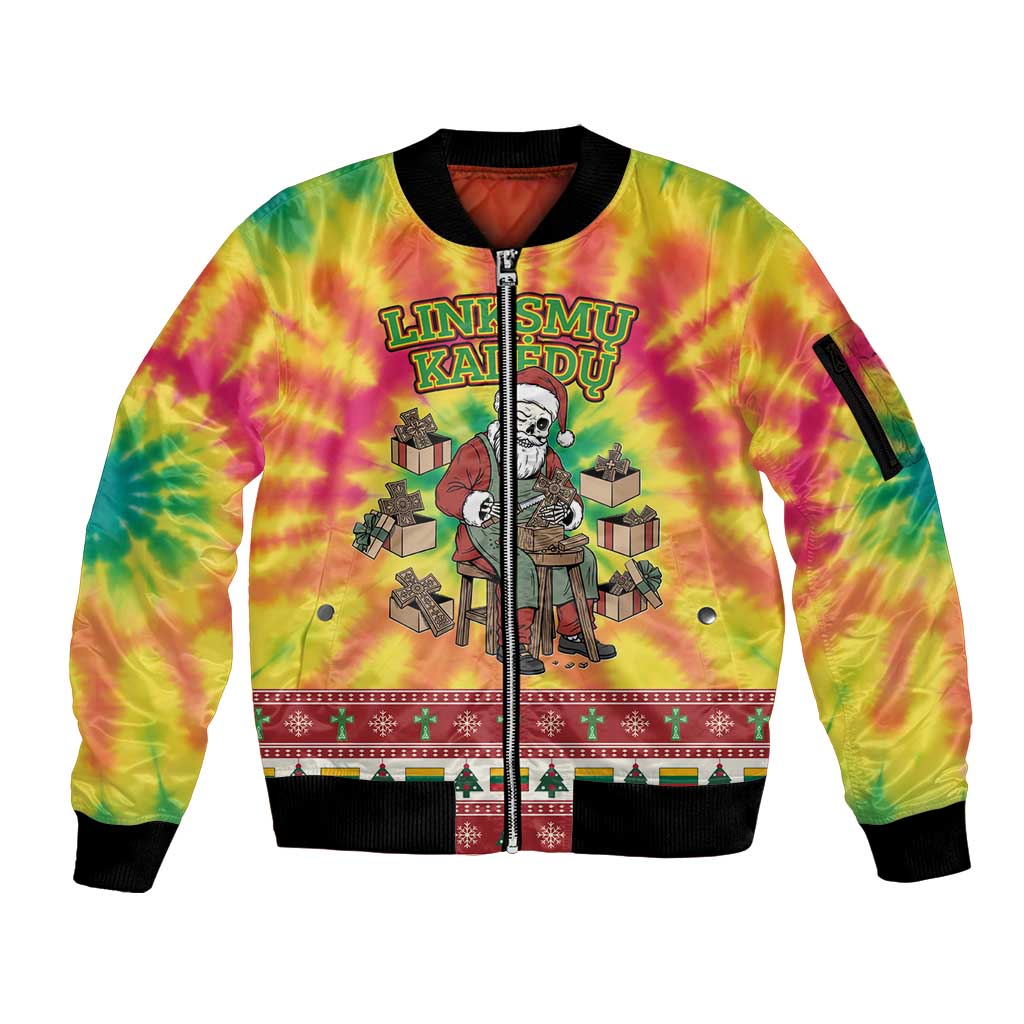 Personalized Lithuania Christmas Sleeve Zip Bomber Jacket Skeleton Cross Tie-Dye Vintage - Wonder Print Shop