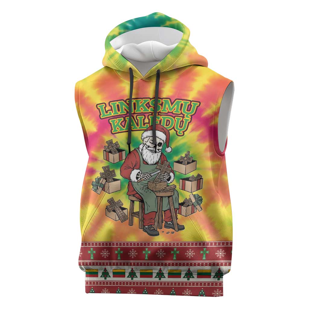 Personalized Lithuania Christmas Sleeveless Hoodie Skeleton Cross Tie-Dye Vintage - Wonder Print Shop
