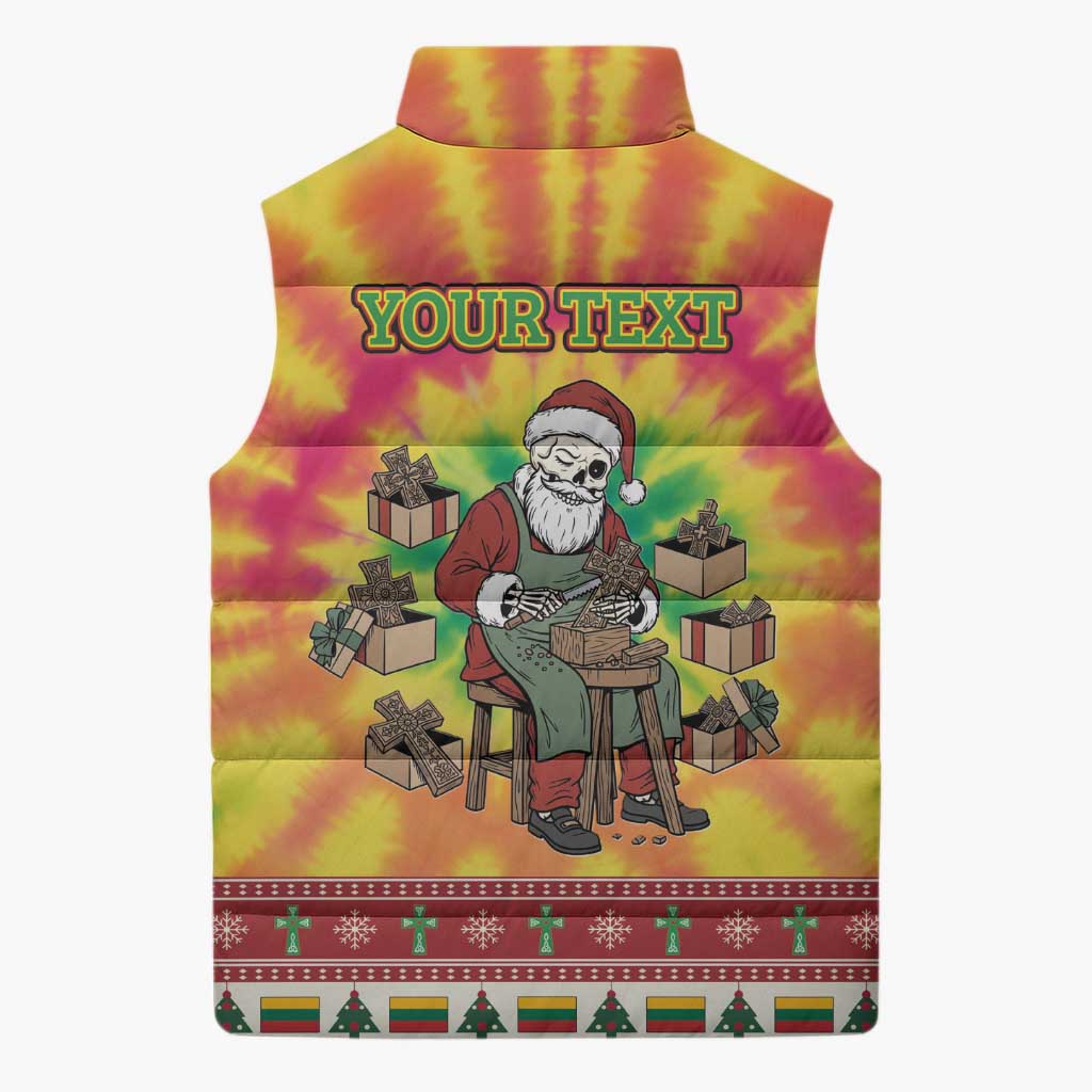 Personalized Lithuania Christmas Sleeveless Puffer Jacket Skeleton Cross Tie-Dye Vintage - Wonder Print Shop