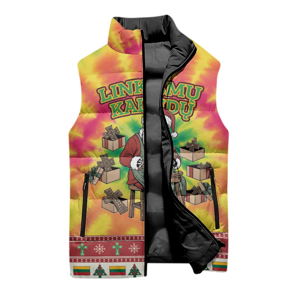 Personalized Lithuania Christmas Sleeveless Puffer Jacket Skeleton Cross Tie-Dye Vintage - Wonder Print Shop