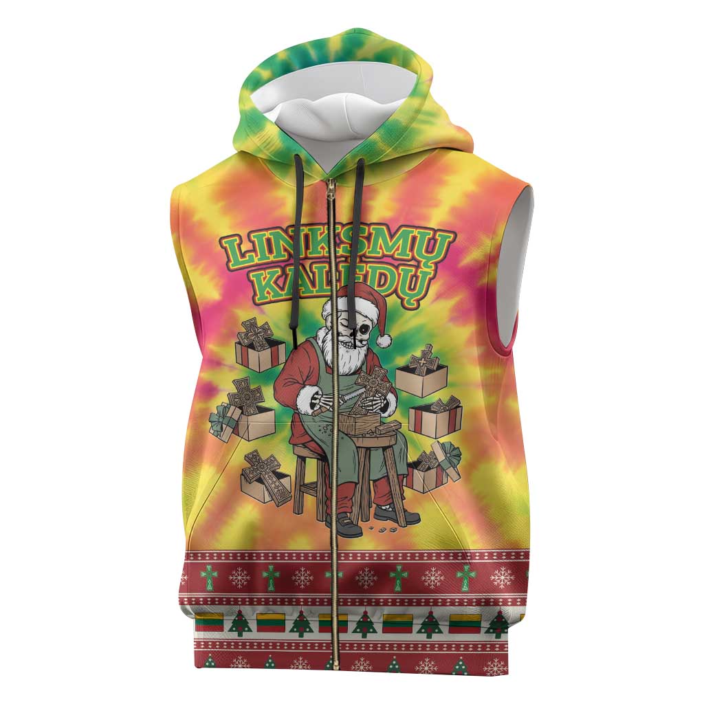Personalized Lithuania Christmas Sleeveless Zip Hoodie Skeleton Cross Tie-Dye Vintage - Wonder Print Shop