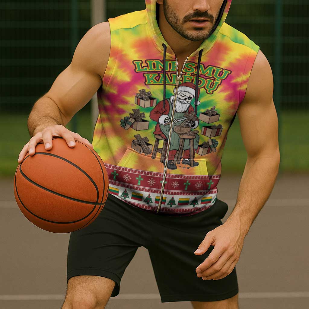 Personalized Lithuania Christmas Sleeveless Zip Hoodie Skeleton Cross Tie-Dye Vintage - Wonder Print Shop