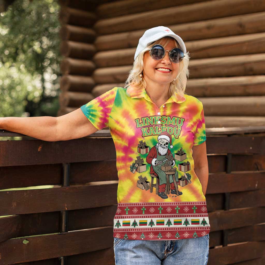 Personalized Lithuania Christmas Women Polo Shirt Skeleton Cross Tie-Dye Vintage - Wonder Print Shop