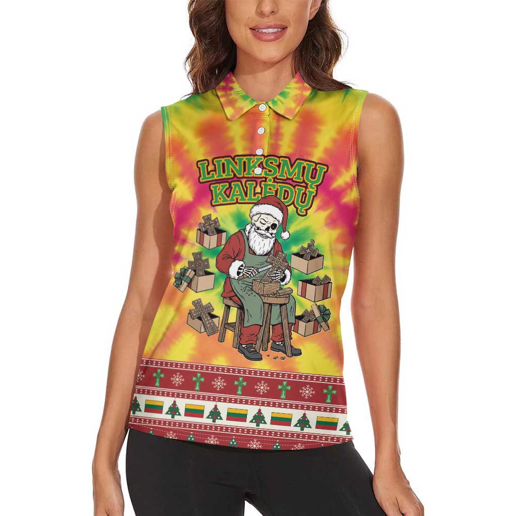 Personalized Lithuania Christmas Women Sleeveless Polo Shirt Skeleton Cross Tie-Dye Vintage - Wonder Print Shop