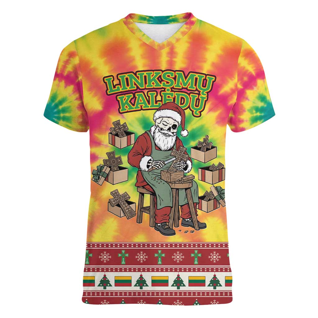 Personalized Lithuania Christmas Women V-Neck T-Shirt Skeleton Cross Tie-Dye Vintage - Wonder Print Shop