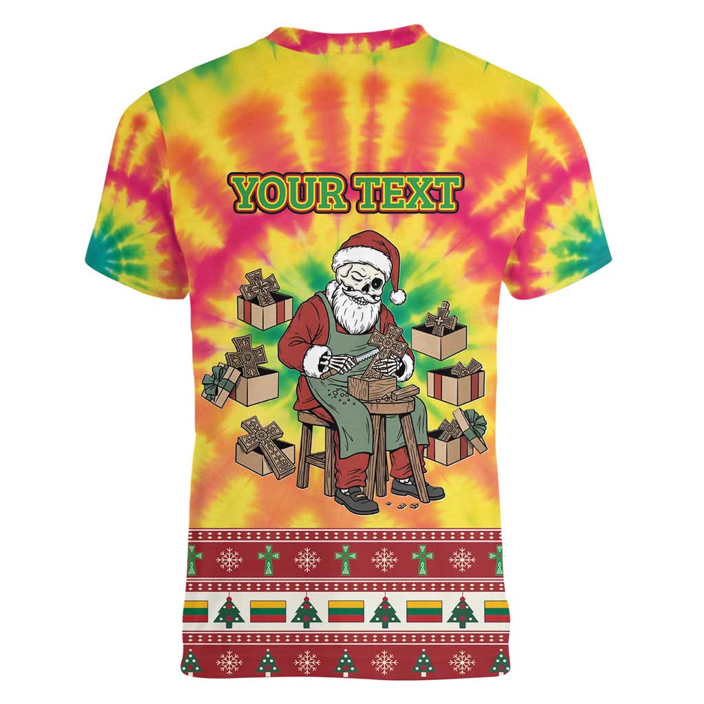 Personalized Lithuania Christmas Women V-Neck T-Shirt Skeleton Cross Tie-Dye Vintage - Wonder Print Shop