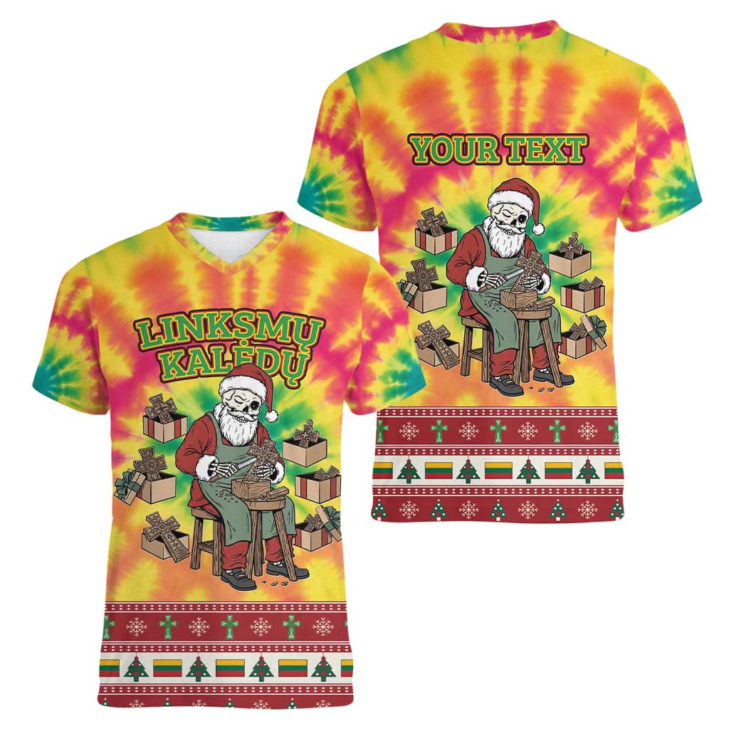 Personalized Lithuania Christmas Women V-Neck T-Shirt Skeleton Cross Tie-Dye Vintage - Wonder Print Shop