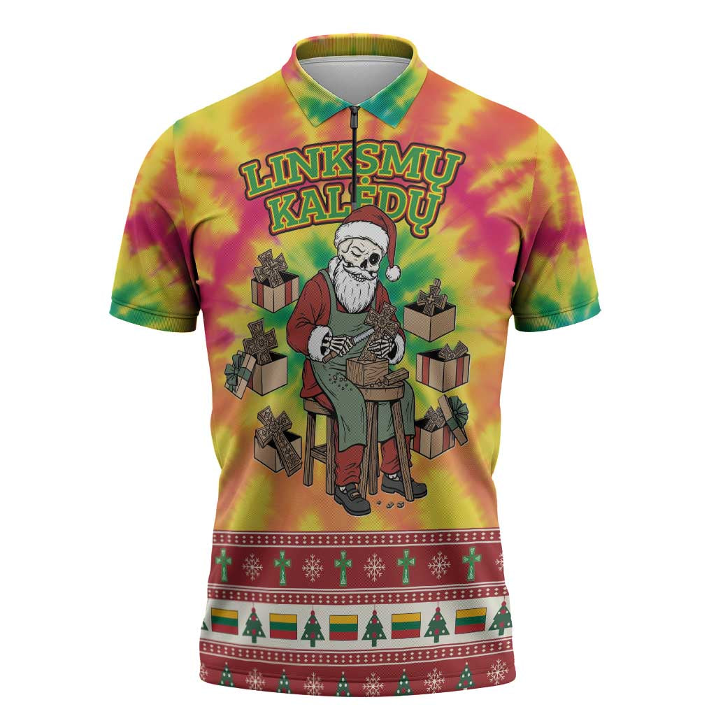 Personalized Lithuania Christmas Zipper Polo Shirt Skeleton Cross Tie-Dye Vintage - Wonder Print Shop