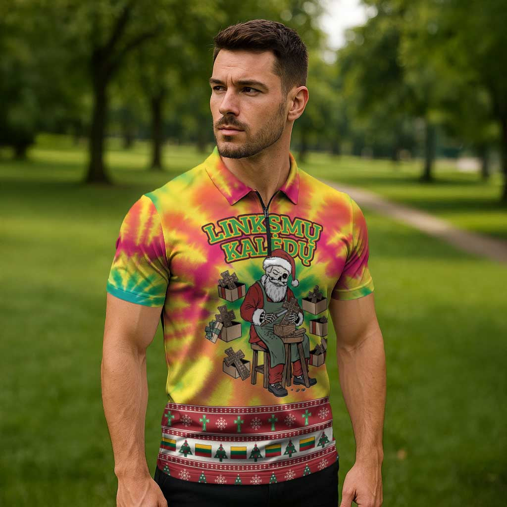Personalized Lithuania Christmas Zipper Polo Shirt Skeleton Cross Tie-Dye Vintage - Wonder Print Shop