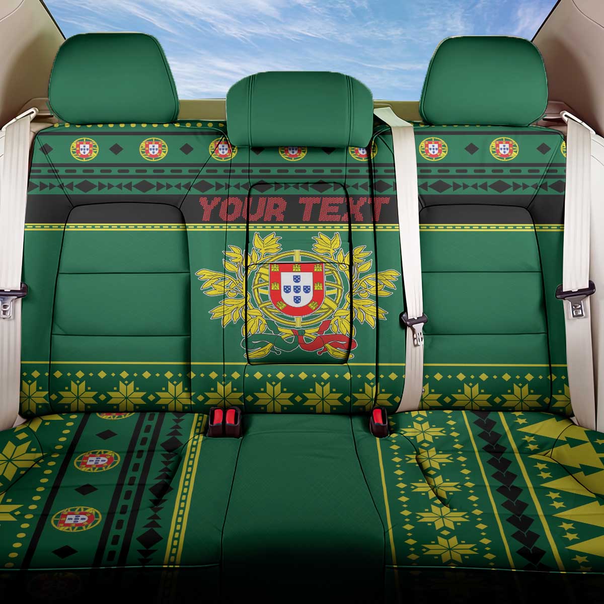 Personalized Portugal Christmas Back Car Seat Cover Emblem With Flag Style - Wonder Print Shop