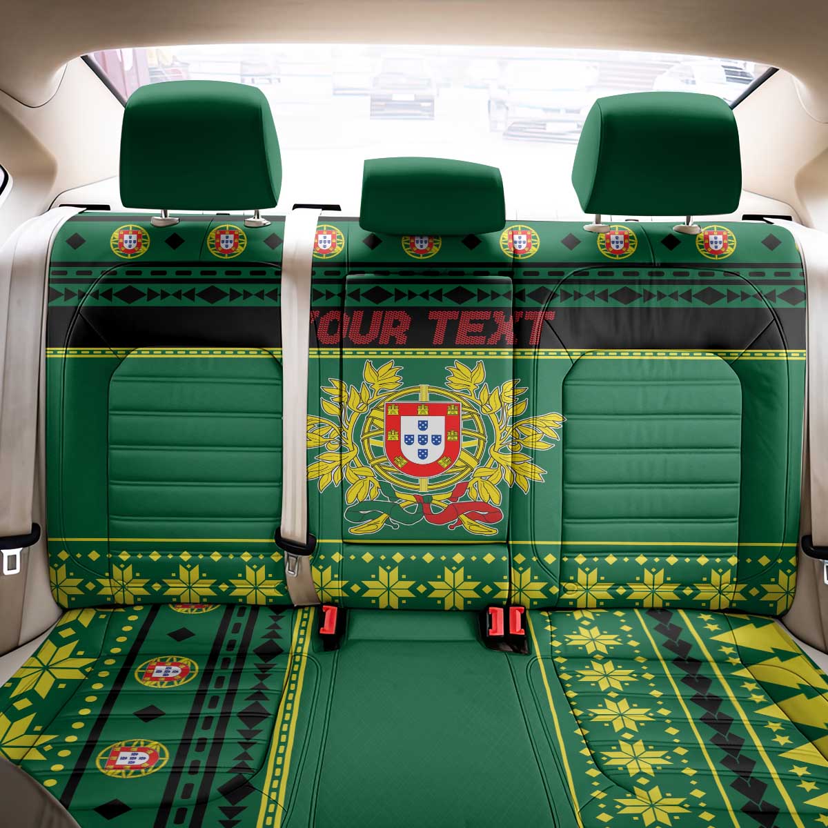 Personalized Portugal Christmas Back Car Seat Cover Emblem With Flag Style - Wonder Print Shop