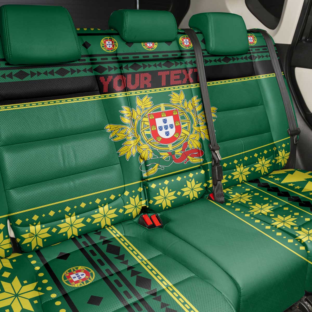 Personalized Portugal Christmas Back Car Seat Cover Emblem With Flag Style - Wonder Print Shop