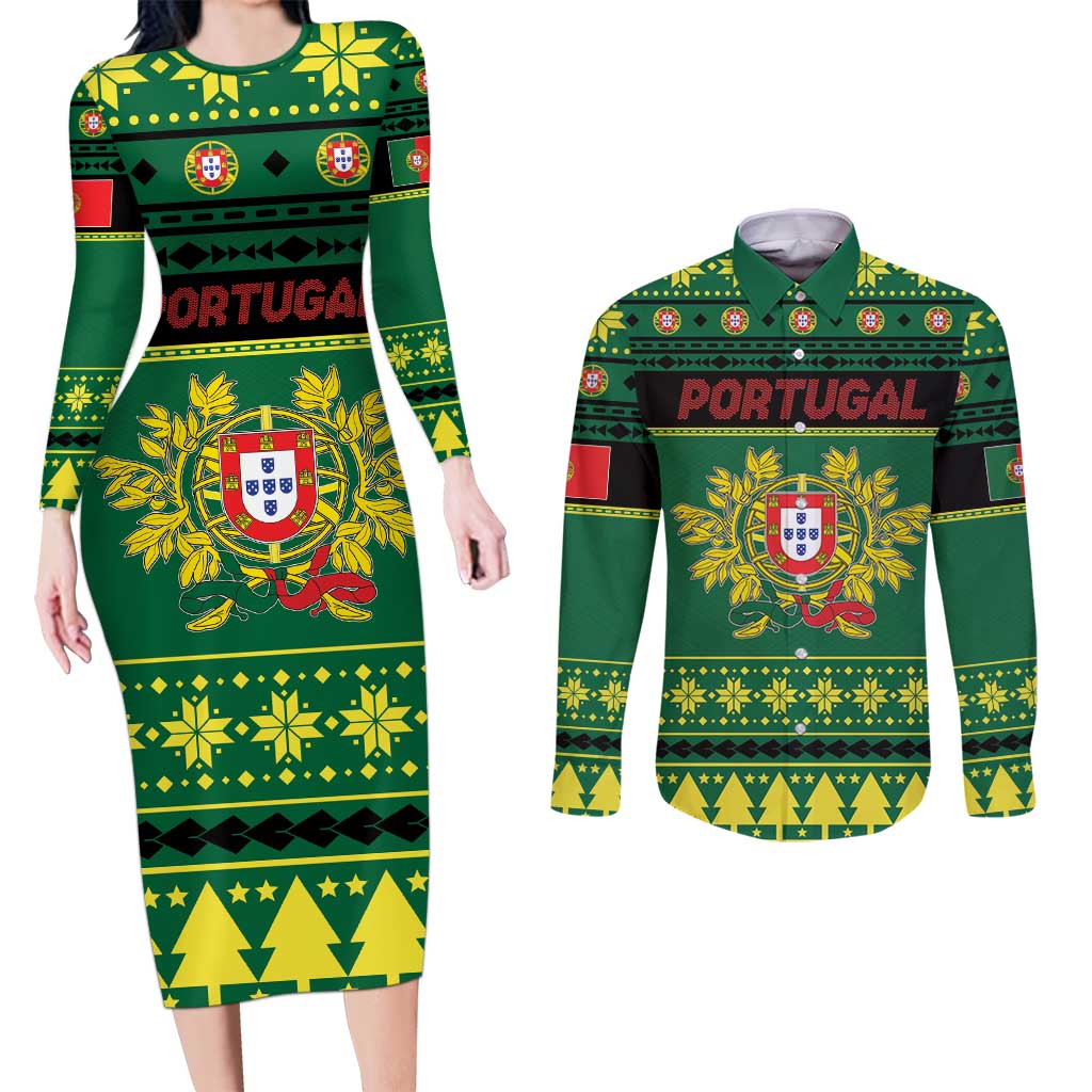 Personalized Portugal Christmas Couples Matching Long Sleeve Bodycon Dress and Long Sleeve Button Shirt Emblem With Flag Style - Wonder Print Shop