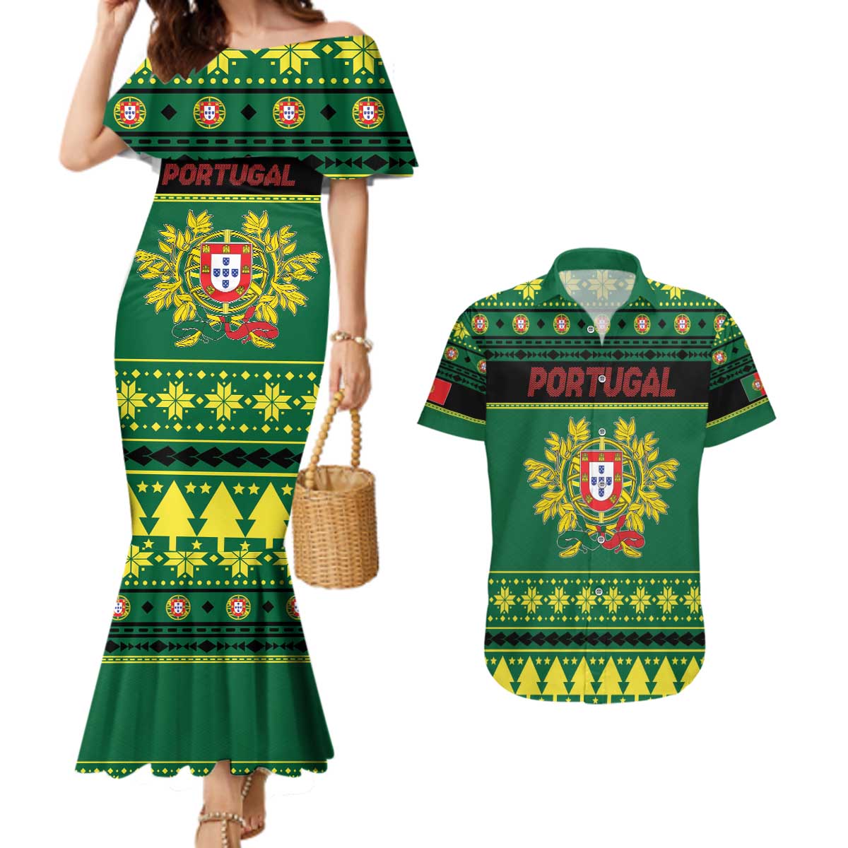 Personalized Portugal Christmas Couples Matching Mermaid Dress and Hawaiian Shirt Emblem With Flag Style - Wonder Print Shop