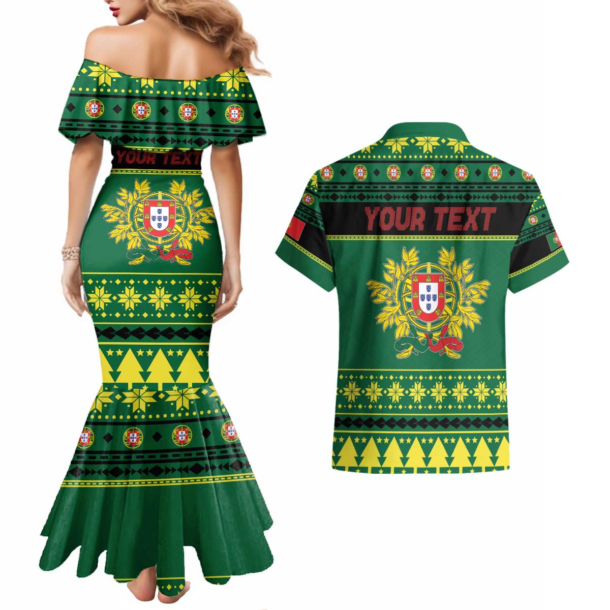 Personalized Portugal Christmas Couples Matching Mermaid Dress and Hawaiian Shirt Emblem With Flag Style - Wonder Print Shop