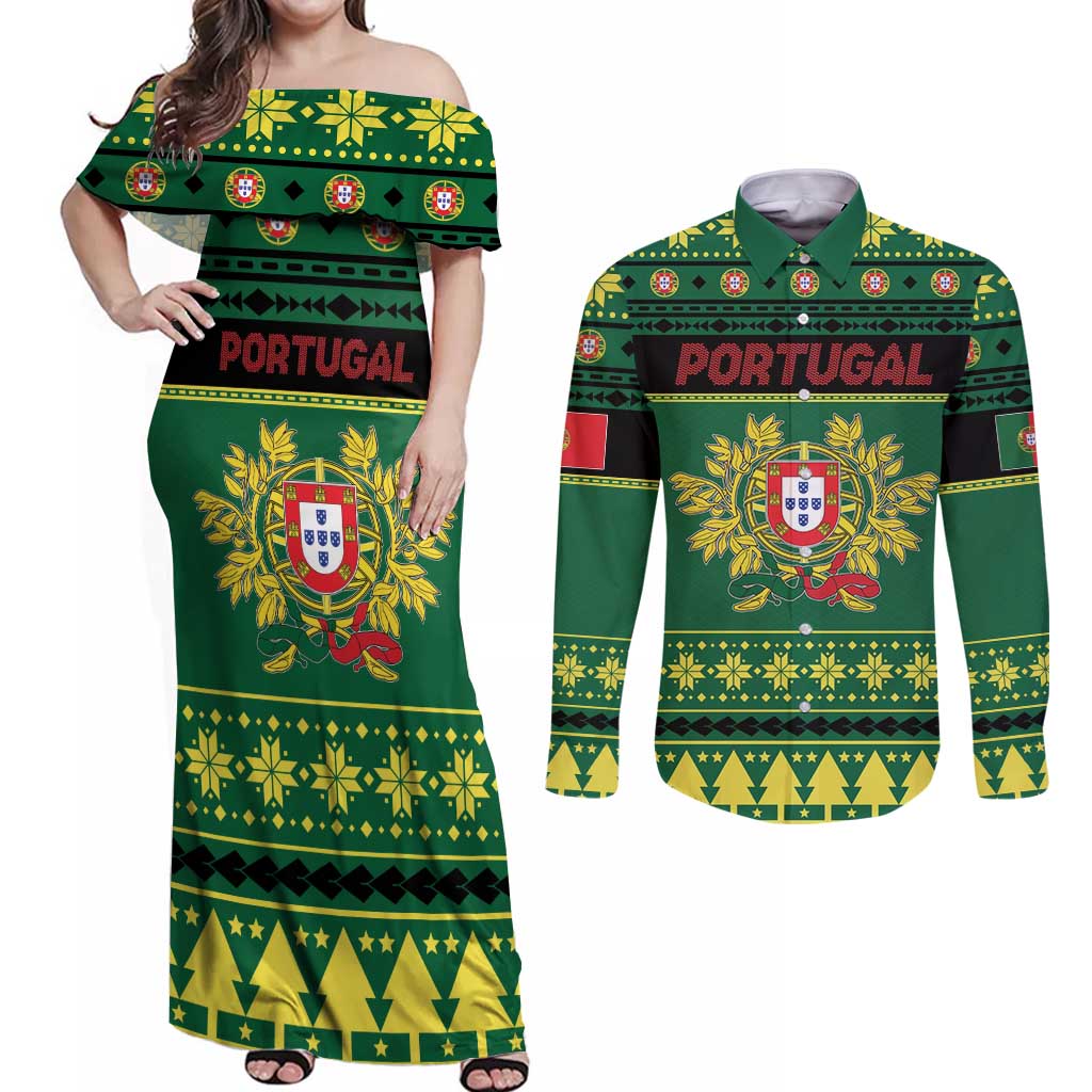 Personalized Portugal Christmas Couples Matching Off Shoulder Maxi Dress and Long Sleeve Button Shirt Emblem With Flag Style - Wonder Print Shop