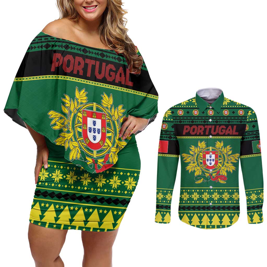 Personalized Portugal Christmas Couples Matching Off Shoulder Short Dress and Long Sleeve Button Shirt Emblem With Flag Style - Wonder Print Shop