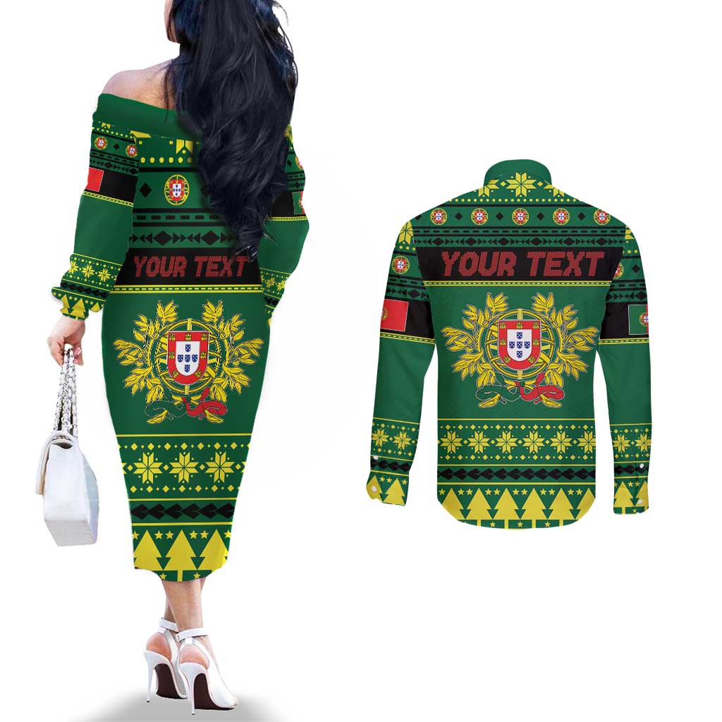 Personalized Portugal Christmas Couples Matching Off The Shoulder Long Sleeve Dress and Long Sleeve Button Shirt Emblem With Flag Style - Wonder Print Shop