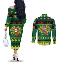 Personalized Portugal Christmas Couples Matching Off The Shoulder Long Sleeve Dress and Long Sleeve Button Shirt Emblem With Flag Style - Wonder Print Shop