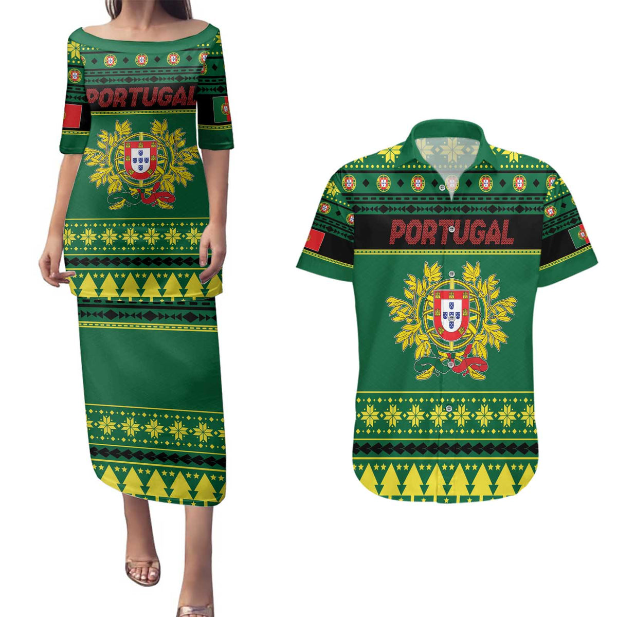 Personalized Portugal Christmas Couples Matching Puletasi and Hawaiian Shirt Emblem With Flag Style - Wonder Print Shop