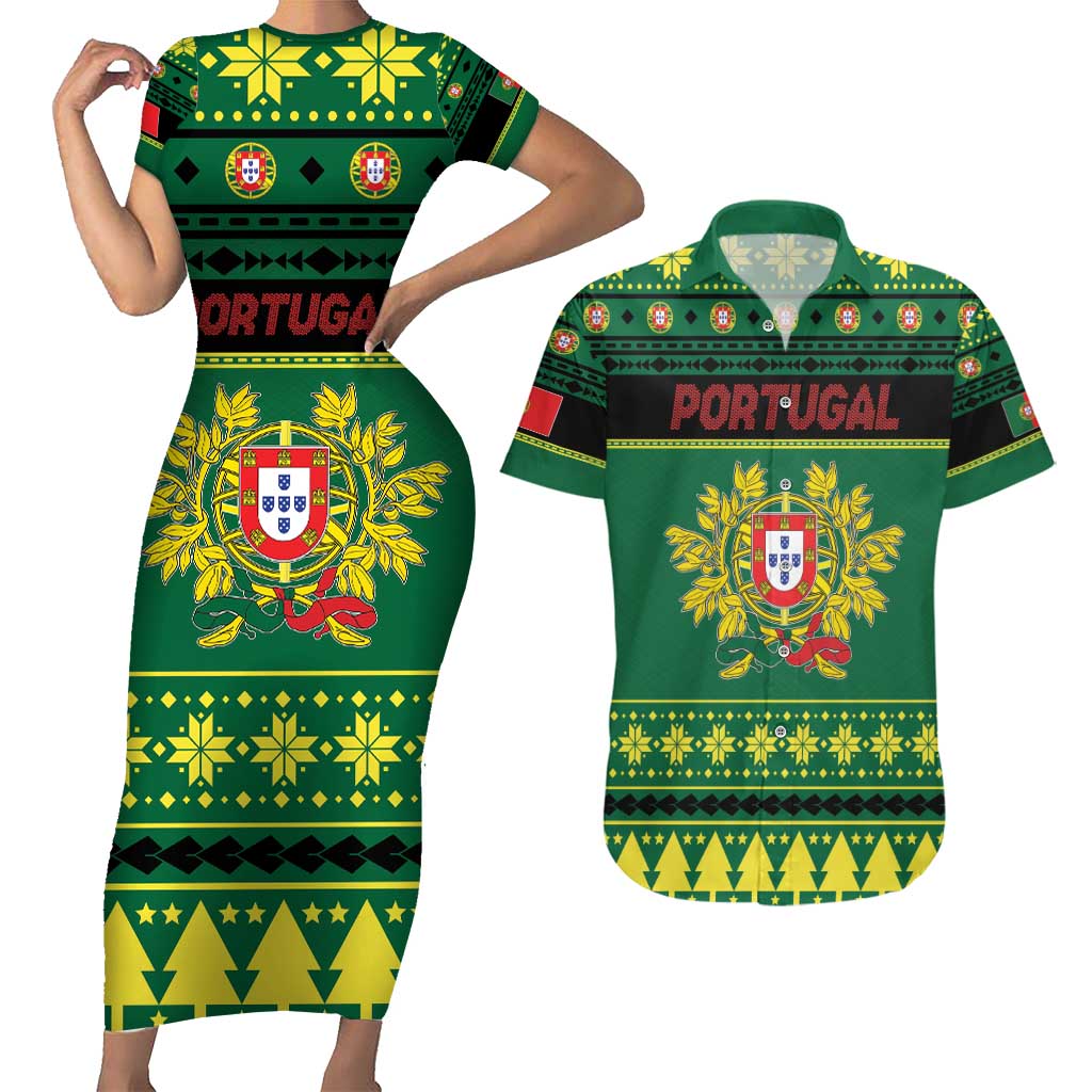 Personalized Portugal Christmas Couples Matching Short Sleeve Bodycon Dress and Hawaiian Shirt Emblem With Flag Style - Wonder Print Shop
