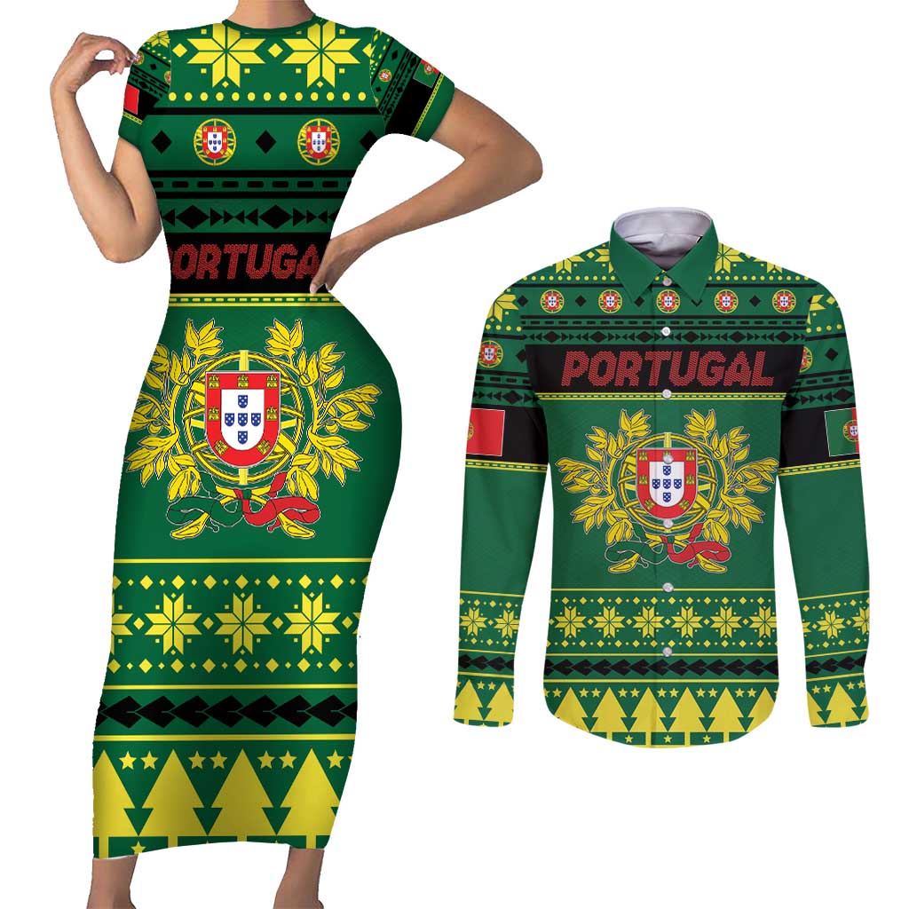 Personalized Portugal Christmas Couples Matching Short Sleeve Bodycon Dress and Long Sleeve Button Shirt Emblem With Flag Style - Wonder Print Shop