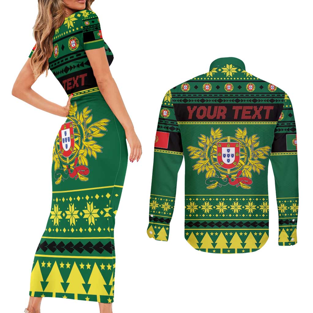 Personalized Portugal Christmas Couples Matching Short Sleeve Bodycon Dress and Long Sleeve Button Shirt Emblem With Flag Style - Wonder Print Shop
