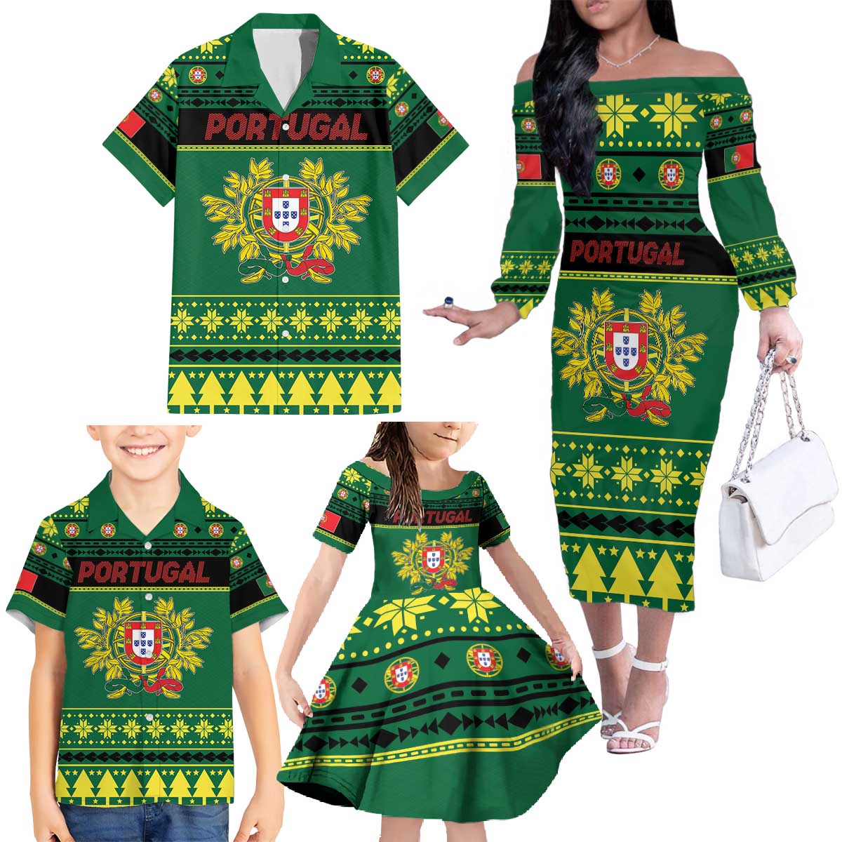 Personalized Portugal Christmas Family Matching Off The Shoulder Long Sleeve Dress and Hawaiian Shirt Emblem With Flag Style - Wonder Print Shop