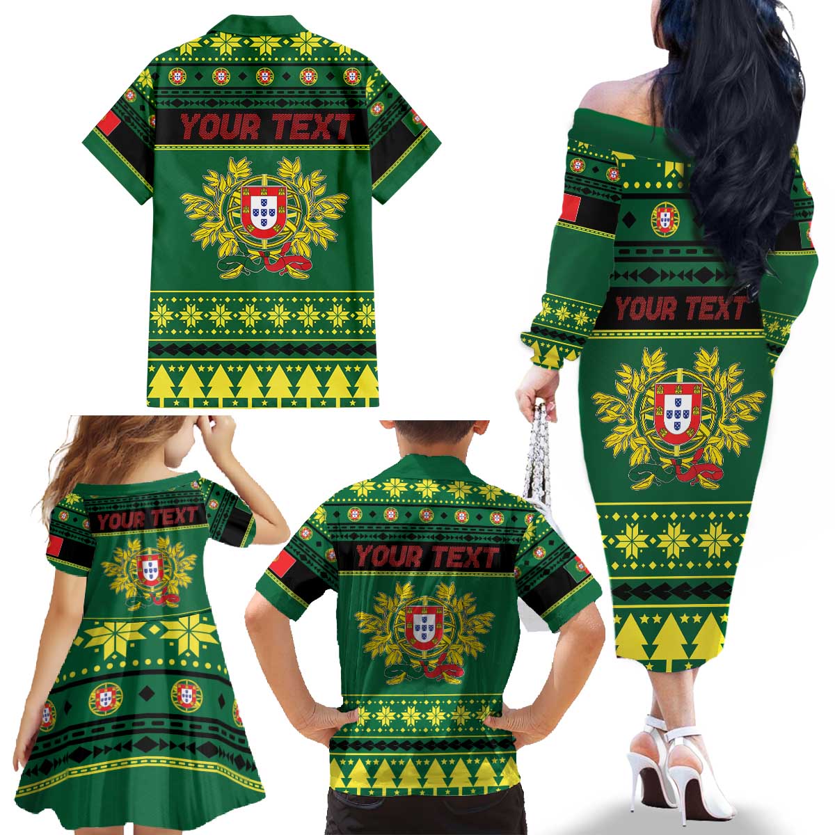 Personalized Portugal Christmas Family Matching Off The Shoulder Long Sleeve Dress and Hawaiian Shirt Emblem With Flag Style - Wonder Print Shop