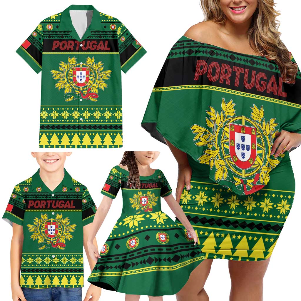 Personalized Portugal Christmas Family Matching Off Shoulder Short Dress and Hawaiian Shirt Emblem With Flag Style - Wonder Print Shop